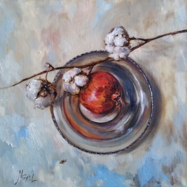 Painting titled "Pomegranate, cotton…" by Maria Bel, Original Artwork, Oil Mounted on Wood Stretcher frame