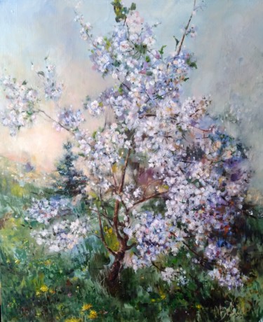 Painting titled "Small Blooming Appl…" by Maria Bel, Original Artwork, Oil Mounted on Wood Stretcher frame