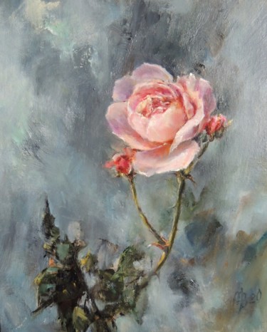 Painting titled "Rose Coquette" by Maria Bel, Original Artwork, Oil