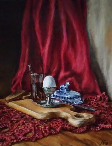 Peinture intitulée "Red breakfast" par Maria Bel, Œuvre d'art originale, Huile Monté sur Carton