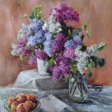 Painting titled "Lilac-Lilas..." by Maria Bel, Original Artwork, Oil Mounted on Cardboard