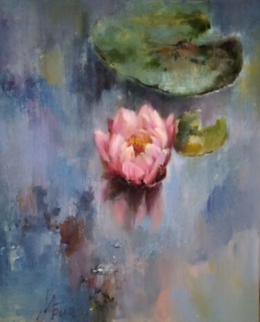 Painting titled "Waterlily/Nymphea" by Maria Bel, Original Artwork, Oil Mounted on Cardboard