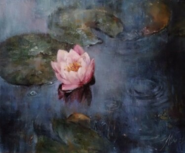 Schilderij getiteld "Waterlily in rain/N…" door Maria Bel, Origineel Kunstwerk, Olie