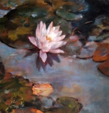 Painting titled "Waterlily/Nymphea 3" by Maria Bel, Original Artwork, Oil Mounted on Cardboard