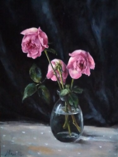 Painting titled "Tristesse en Rose" by Maria Bel, Original Artwork, Oil Mounted on Cardboard