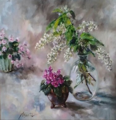 Painting titled "Bird cherry and min…" by Maria Bel, Original Artwork, Oil Mounted on Wood Stretcher frame