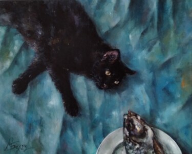 Malarstwo zatytułowany „Cat & Fish” autorstwa Maria Bel, Oryginalna praca, Olej Zamontowany na Drewniana rama noszy