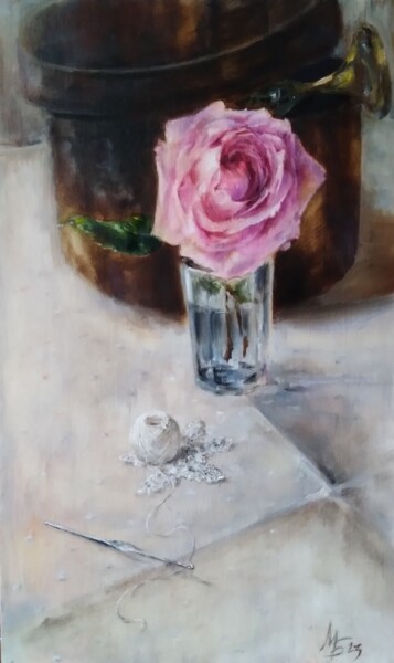 Painting titled "Rose and white thre…" by Maria Bel, Original Artwork, Oil Mounted on Cardboard