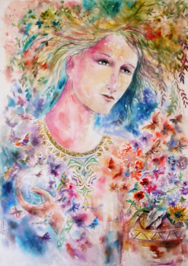 Peinture intitulée "La femme lumière" par Marwanart, Œuvre d'art originale, Aquarelle