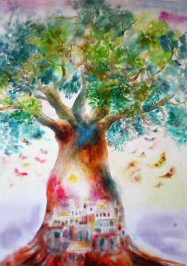 Картина под названием "L'arbre lumière" - Marwanart, Подлинное произведение искусства, Акварель