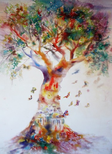 Pintura intitulada "L'arbre lumière" por Marwanart, Obras de arte originais, Aquarela