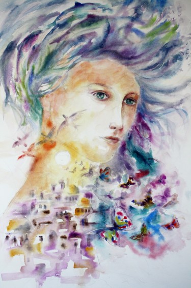 Painting titled "La femme lumière 01" by Marwanart, Original Artwork, Watercolor