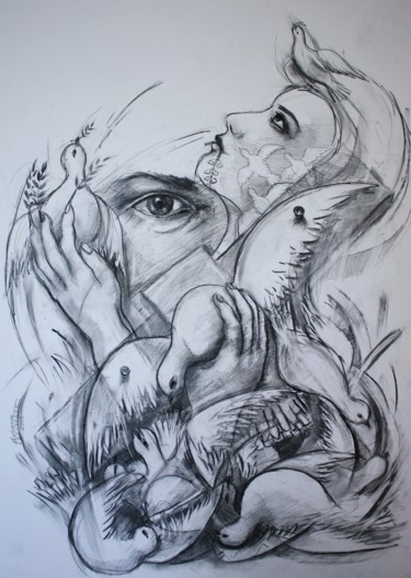 Dessin intitulée "La paix crucifiée" par Marwanart, Œuvre d'art originale, Crayon