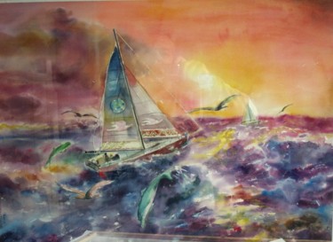 Peinture intitulée "Bateau ivre d'horiz…" par Marwanart, Œuvre d'art originale, Aquarelle