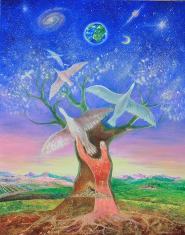 Peinture intitulée "L'arbre de la paix" par Marwanart, Œuvre d'art originale, Huile
