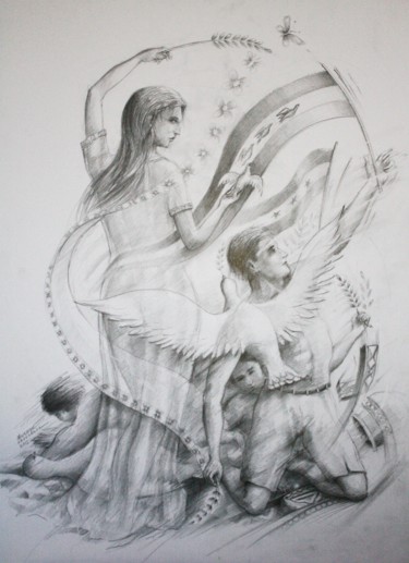 Dessin intitulée "Révolte pour la paix" par Marwanart, Œuvre d'art originale, Crayon
