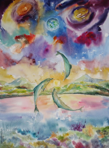 Peinture intitulée "La Danse de dauphins" par Marwanart, Œuvre d'art originale, Aquarelle