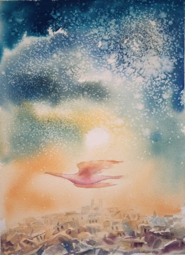 Peinture intitulée "L'oiseau lumière" par Marwanart, Œuvre d'art originale, Aquarelle
