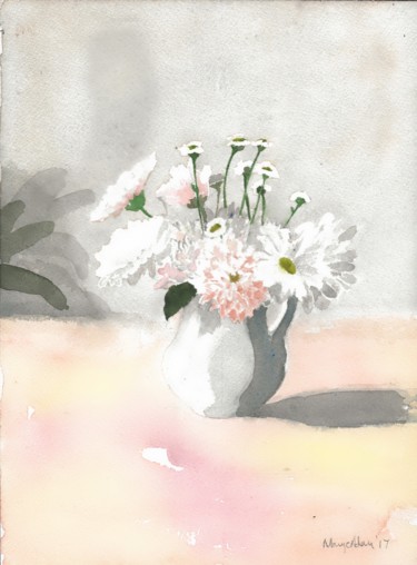 Painting titled "Pink and Grey Still…" by Mary Adam, Original Artwork, Watercolor
