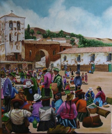 Painting titled "MARCHE AU PEROU   '…" by Maryvonne Charvet, Original Artwork, Oil Mounted on Wood Stretcher frame