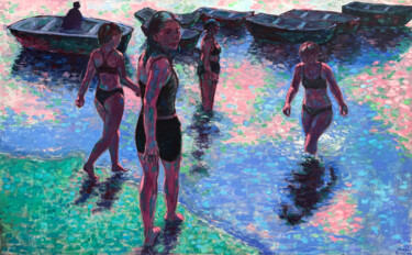 Painting titled "The Girls Go Swimmi…" by Mary Black, Original Artwork, Oil