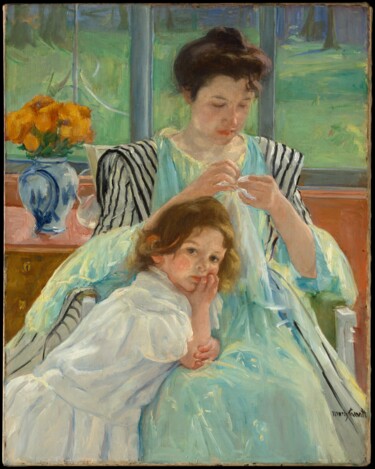 Malerei mit dem Titel "Jeune mère cousant" von Mary Cassatt, Original-Kunstwerk, Öl