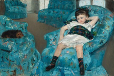 Pintura intitulada "Little Girl in a Bl…" por Mary Cassatt, Obras de arte originais, Óleo