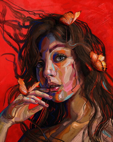 Картина под названием "Женский портрет, ру…" - Mary Dian, Подлинное произведение искусства, Акрил Установлен на Деревянная р…