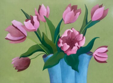 Painting titled "Tulips in a Blue Va…" by Mary Downe, Original Artwork, Oil