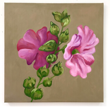 Painting titled "Homage to Hollyhocks" by Mary Downe, Original Artwork, Oil
