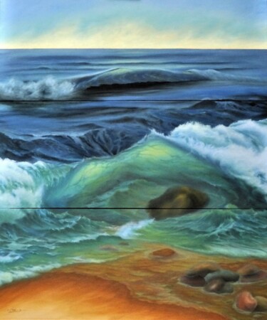 Painting titled "Wave In Symphony" by Mary Joan Attard, Original Artwork, Oil Mounted on Wood Stretcher frame