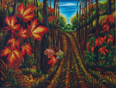 Painting titled "Autumn's Way" by Mary Joan Attard, Original Artwork, Oil Mounted on Other rigid panel