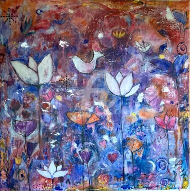 Painting titled "The flower garden" by Mary Larsson, Original Artwork, Acrylic Mounted on Wood Stretcher frame