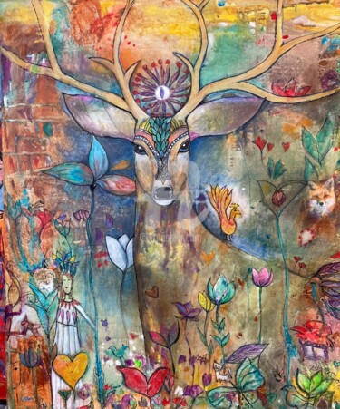 Schilderij getiteld "The magical deer" door Mary Larsson, Origineel Kunstwerk, Acryl Gemonteerd op Frame voor houten brancard