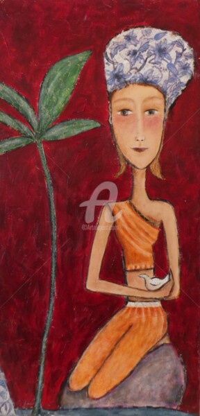 Painting titled "La fille et l'oisea…" by Mary Larsson, Original Artwork