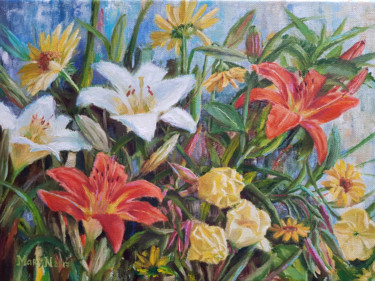Painting titled "Lilies & primrose.j…" by Mary Naiman, Original Artwork, Oil
