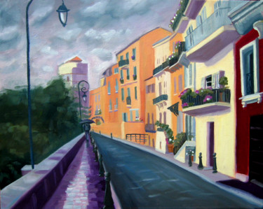Painting titled "Rainy Monaco" by Mary Stubberfield, Original Artwork, Oil Mounted on Wood Stretcher frame
