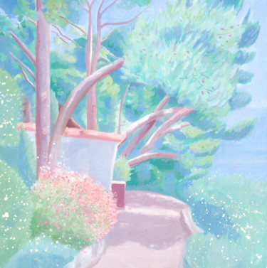 Malarstwo zatytułowany „Sunlit trees, Monaco” autorstwa Mary Stubberfield, Oryginalna praca, Olej Zamontowany na Drewniana r…