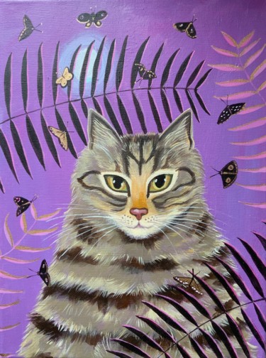 Painting titled "Tabby cat with Moon" by Mary Stubberfield, Original Artwork, Acrylic Mounted on Wood Stretcher frame