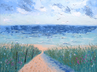 Painting titled "Invitation seascape…" by Mary Stubberfield, Original Artwork, Oil Mounted on Wood Stretcher frame