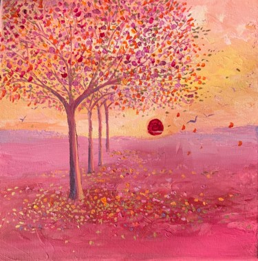 Painting titled "Autumn Trees" by Mary Stubberfield, Original Artwork, Acrylic Mounted on Wood Stretcher frame