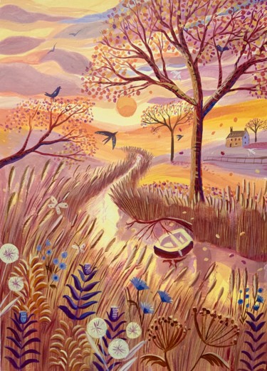 Картина под названием "Autumn river at sun…" - Mary Stubberfield, Подлинное произведение искусства, Акрил