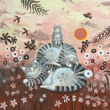 Malarstwo zatytułowany „Tabby catnap” autorstwa Mary Stubberfield, Oryginalna praca, Akryl Zamontowany na Drewniana rama nos…