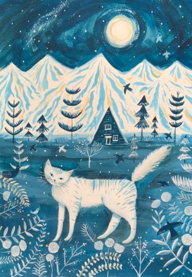 Malarstwo zatytułowany „White cat in blue w…” autorstwa Mary Stubberfield, Oryginalna praca, Akryl