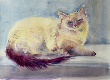 Painting titled "Cat on windowsill" by Mary Stubberfield, Original Artwork, Watercolor