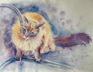 Painting titled "Drinking cat" by Mary Stubberfield, Original Artwork, Watercolor
