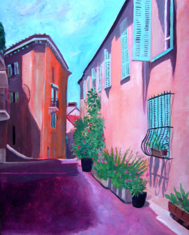 Painting titled "Cannes Old Town" by Mary Stubberfield, Original Artwork, Oil Mounted on Wood Stretcher frame