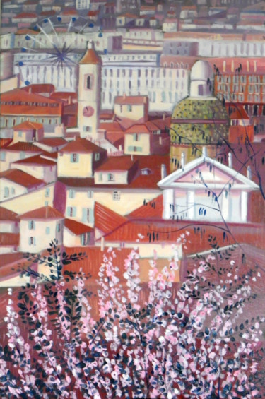 Painting titled "Printemps en Nice" by Mary Stubberfield, Original Artwork, Oil Mounted on Wood Stretcher frame