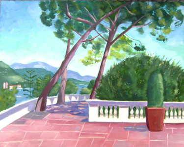 Painting titled "Trees in Monaco" by Mary Stubberfield, Original Artwork, Oil Mounted on Wood Stretcher frame