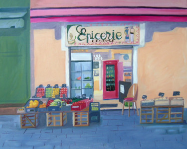 Painting titled "L'Epicerie" by Mary Stubberfield, Original Artwork, Oil Mounted on Wood Stretcher frame